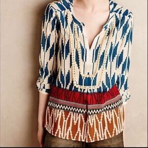 Anthropologie Maeve Womens Aztec Tribal Blouse Sz 4 Long Sleeve Multicolor